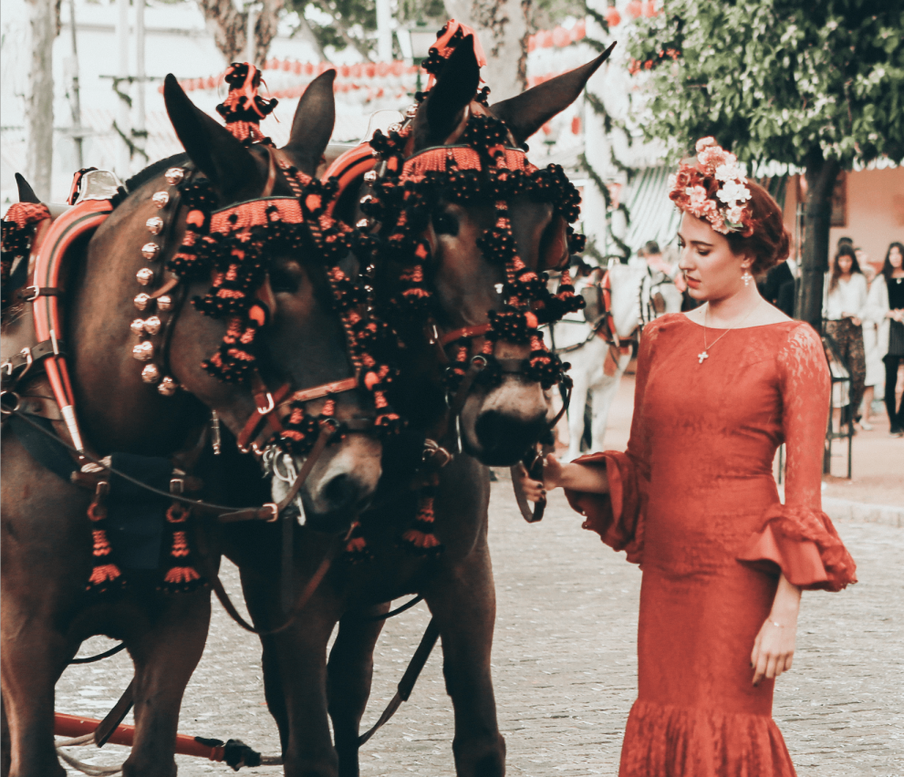 Woman in traditional Flamenco outfit with horses
